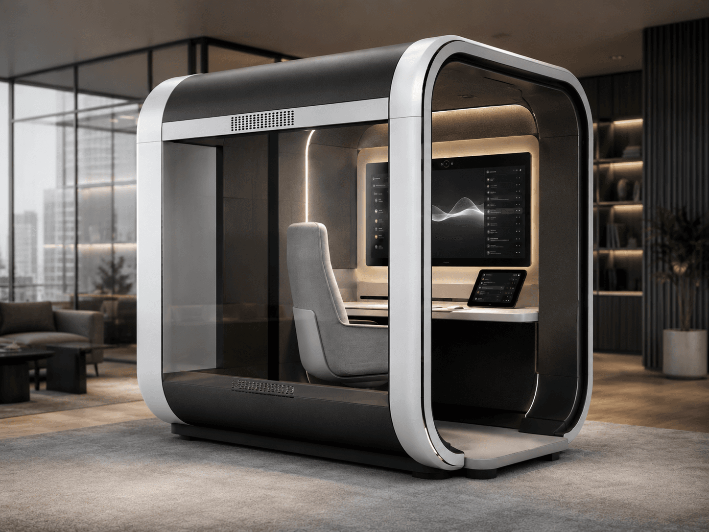 Cutaway view of the Flowpod interior showing the acoustic shell and workspace