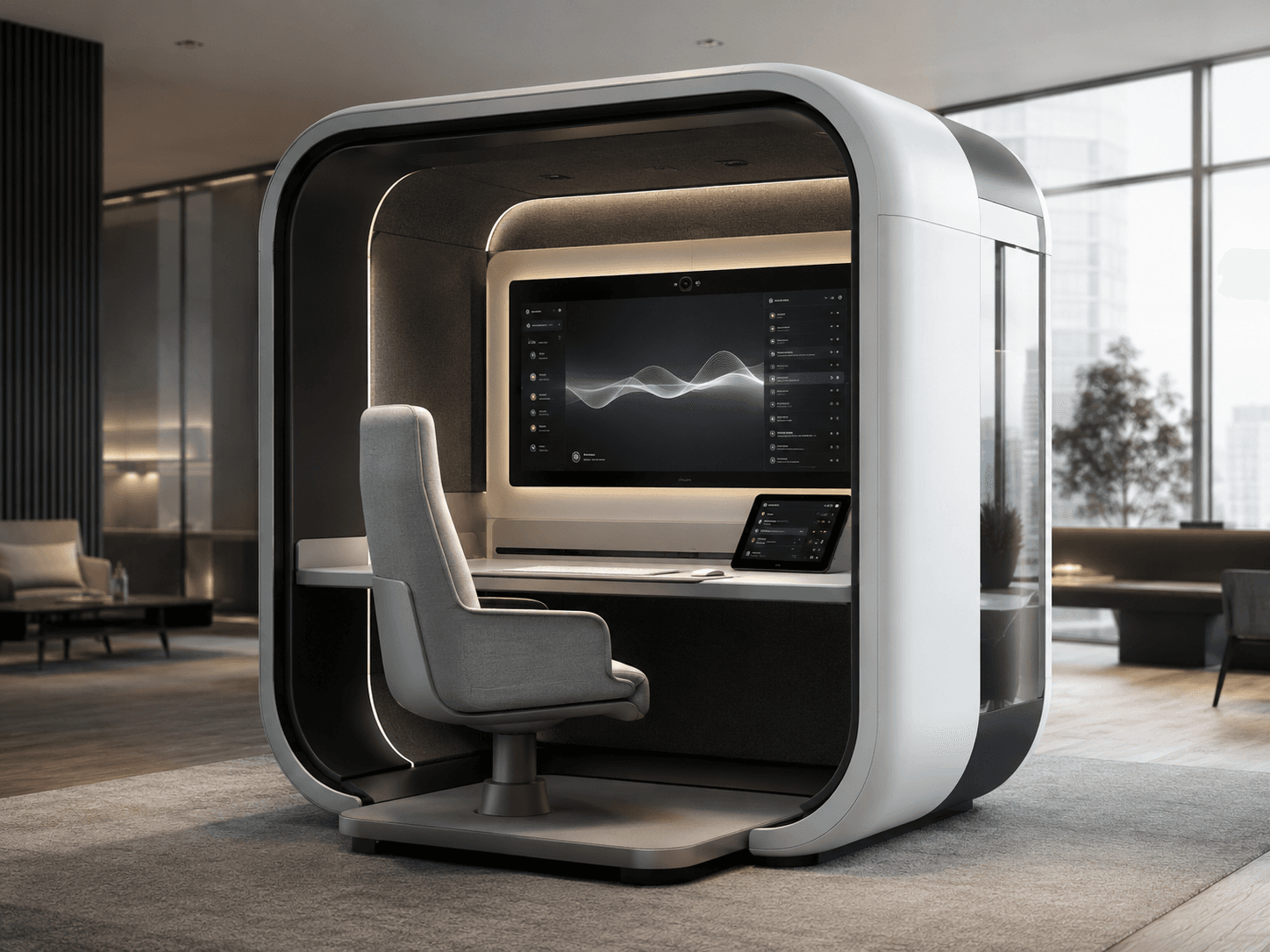 Flowpod — a premium AI voice workstation booth showing the dual-screen interior and minimalist exterior design