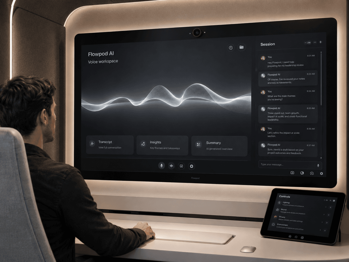 Interior view of the Flowpod showing the main AI workspace screen, side panel, ambient lighting, and ergonomic seating