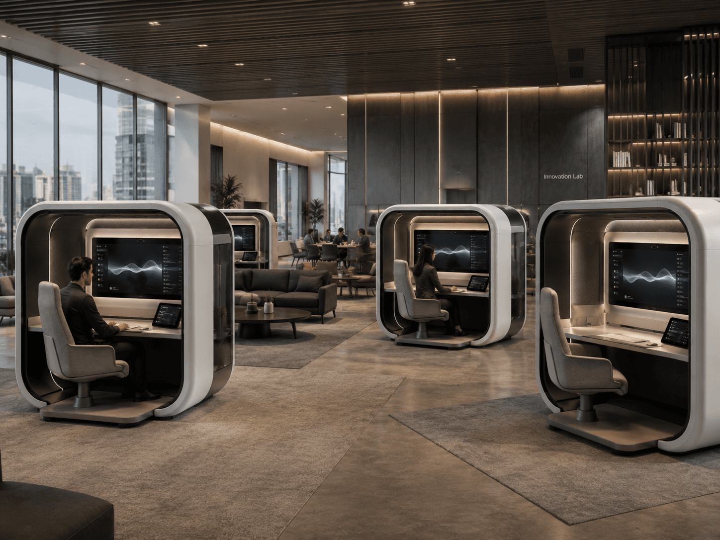 Modern open-plan office with multiple Flowpods deployed across the floor, showing how the pods integrate into a contemporary workplace environment