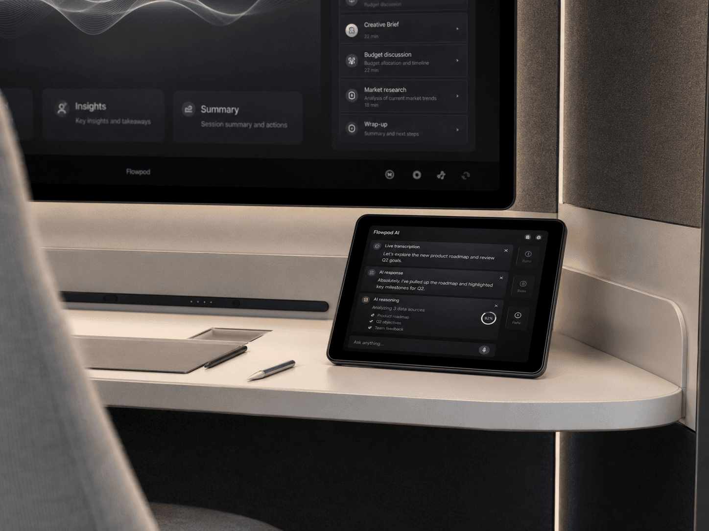 Flowpod front touchscreen showing the AI workspace